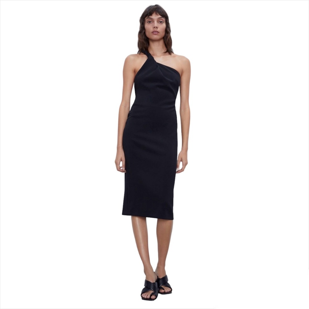 Zara Asymmetrical Black Slip Midi Dress w/statement twisted strap 2393/307/800